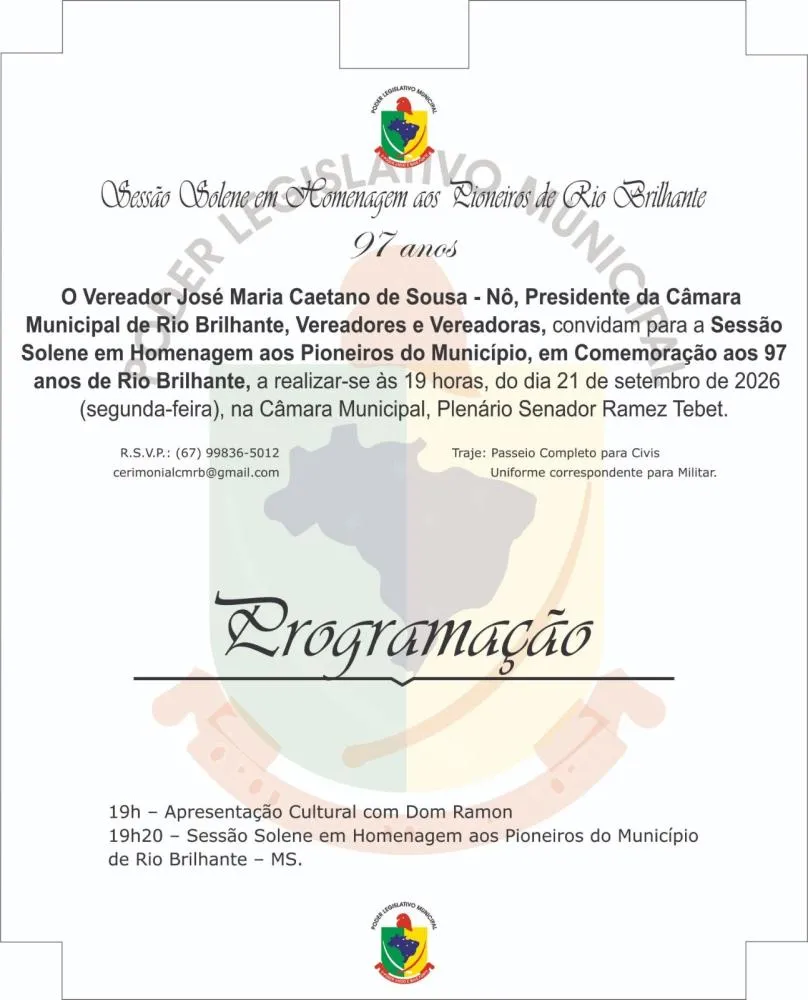 Sessão Solene na Câmara Municipal Celebra os 97 Anos de Rio Brilhante e Homenageia Pioneiros